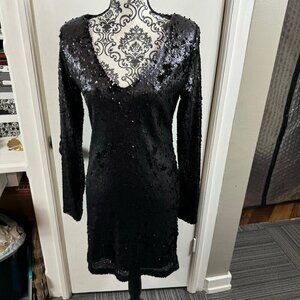 Golddigga UK black sequined long sleeve v-neck mini dress NYE cocktail
